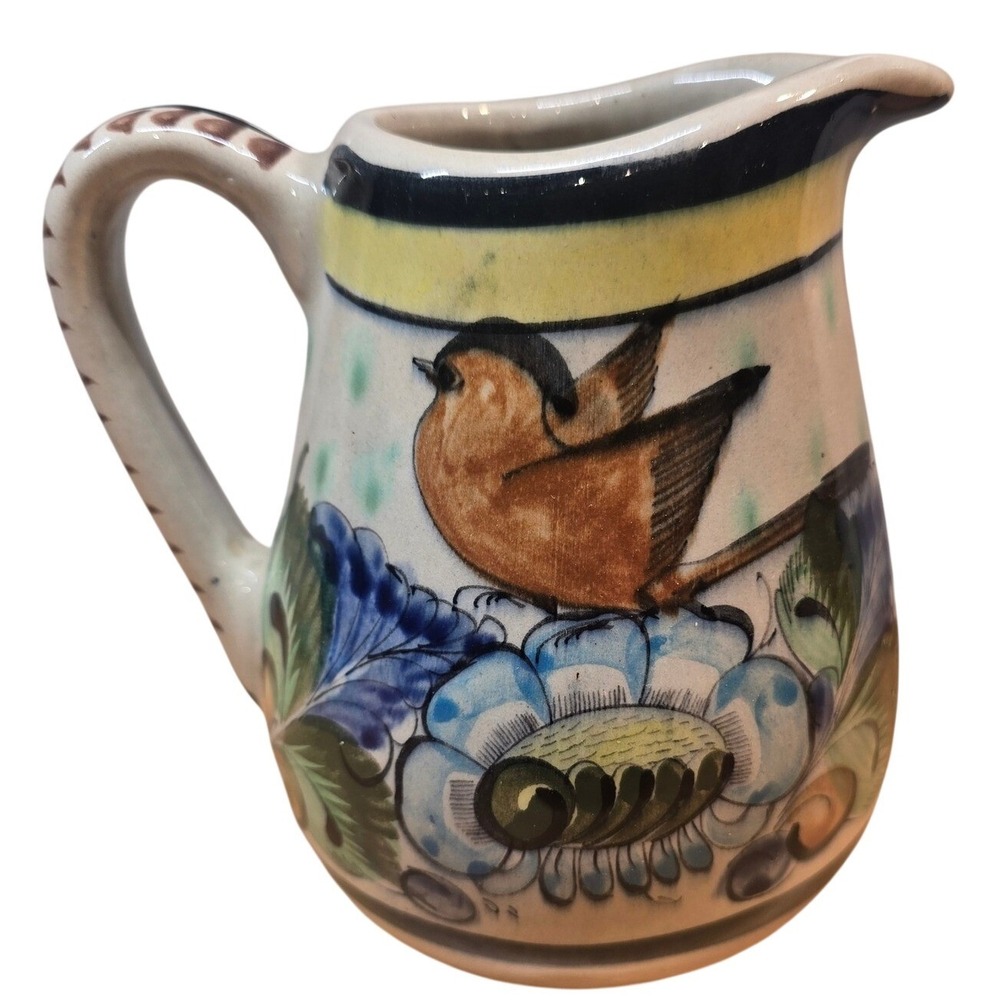 Vintage Tonala Mexican Pottery Pitcher Floral Birds Hand-Painted 6.5" Signed‎